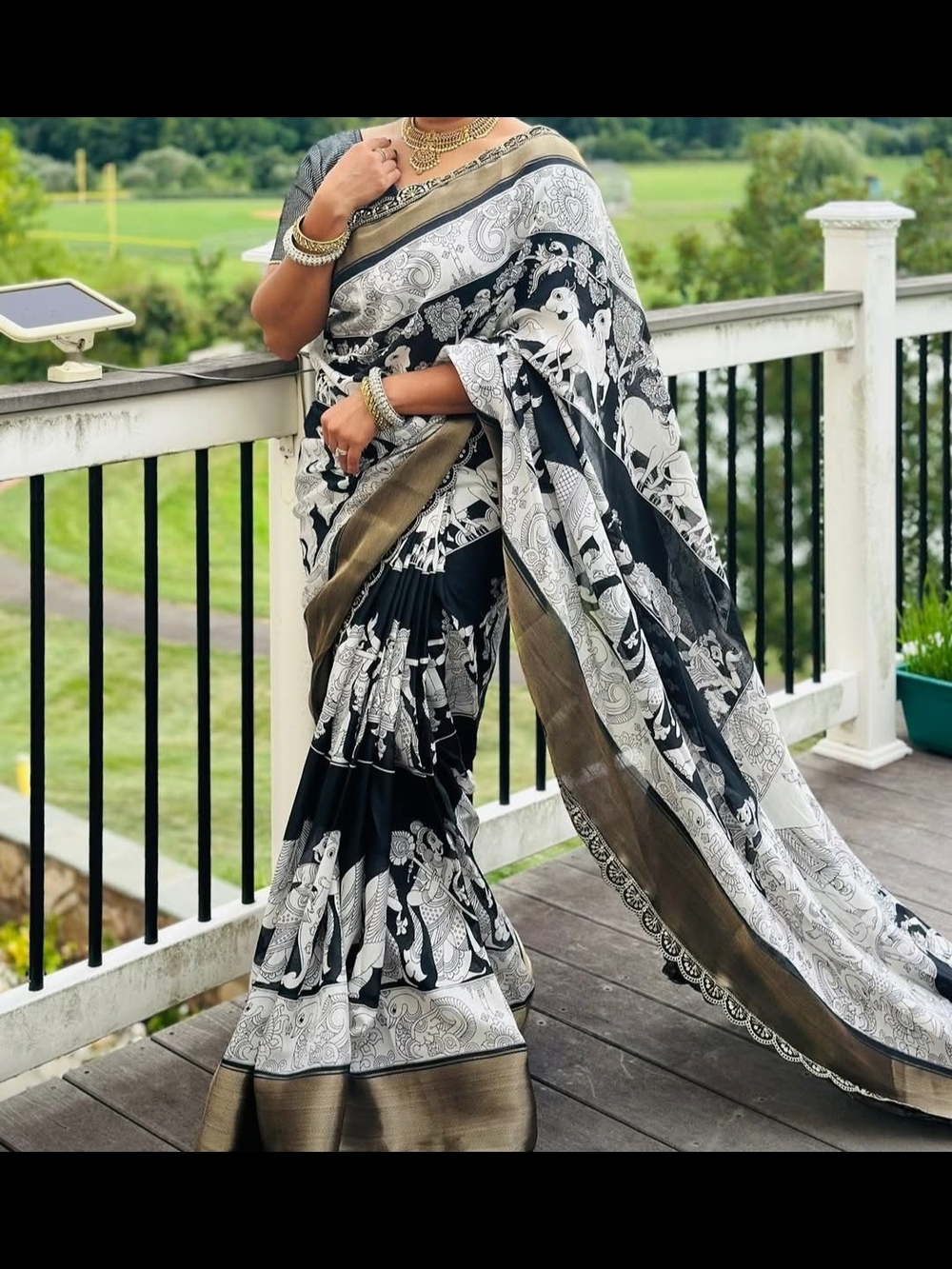 Black & White Printed Silk Sari with Gold Border